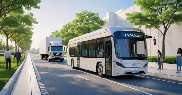 Vodíkový autobus a nákladné vozidlo v modernej mestskej premávke – symbol ekologickej mobility