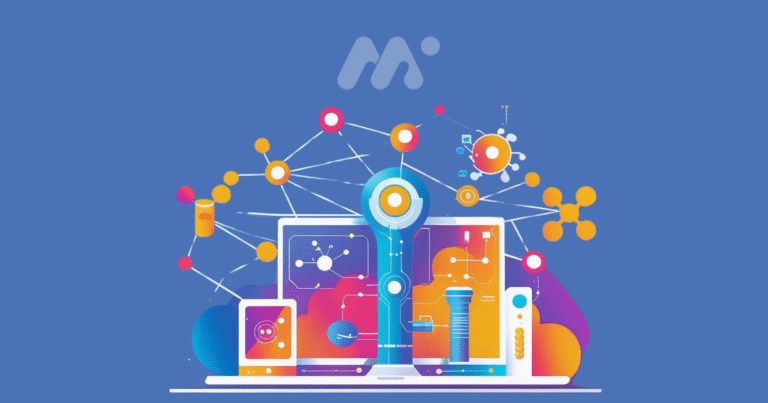 Digitálna ilustrácia vodíkových technológií s logom Mobility & Innovation Production na modrom pozadí