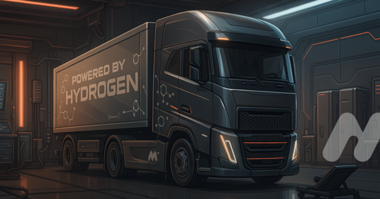 Hydrogen-powered truck in a futuristic garage with glowing ambient lights and technology screens, symbolizing innovation, precision, and values-driven development at Mobility & Innovation Production.