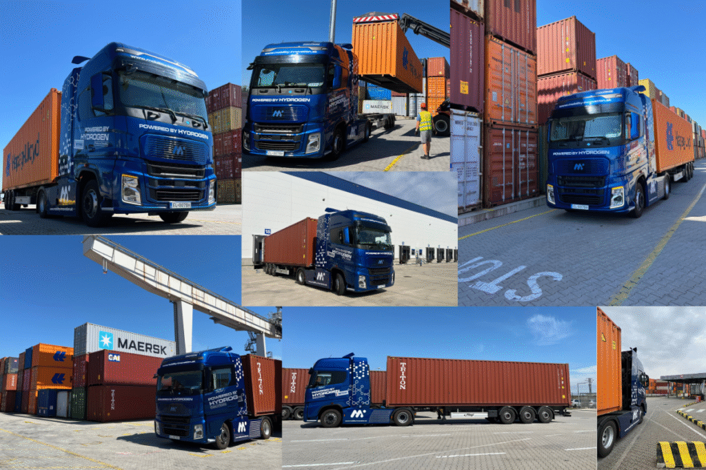 Koláž záberov z testovania vodíkového ťahača Mobility & Innovation Production v logistike METRANS