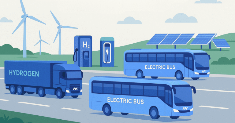Illustration of zero-emission transport in Europe by 2030, featuring a hydrogen truck, hydrogen bus, and electric buses with renewable energy infrastructure in the background.