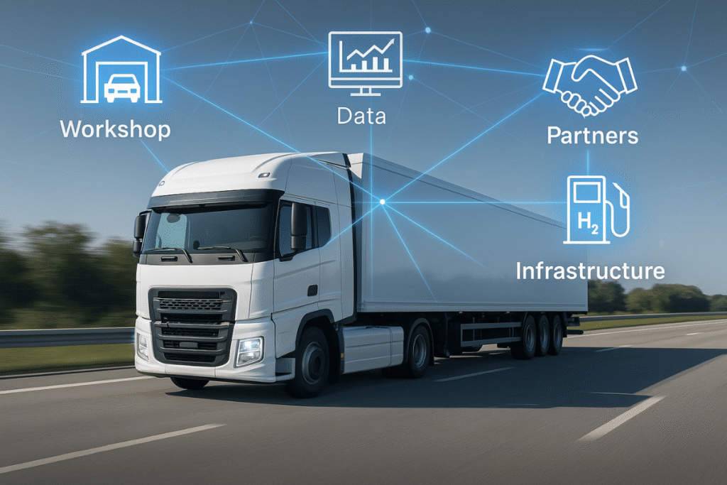 Vodíkový ťahač na ceste prepojený s ikonami dielne, dát, partnerov a infraštruktúry – vizualizácia systémovej integrácie Mobility & Innovation Production