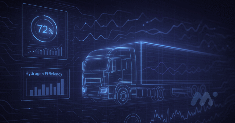 Digitálna ilustrácia vodíkového ťahača s dátovými grafmi efektivity – Mobility & Innovation Production